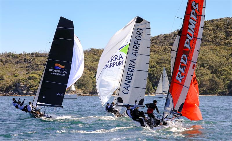 Manly 16 Club Championship Heat 3 - Canbera Airport in the mix (Archiie Crople, Tom Cuich & Fynn Twomey) photo copyright Michael Chittenden SailMedia taken at Manly 16ft Skiff Sailing Club and featuring the 16ft Skiff class