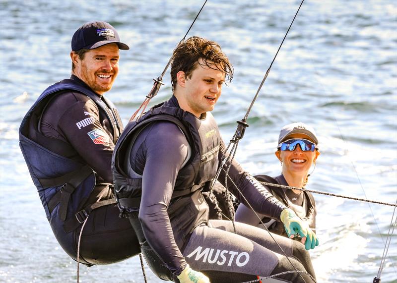 Port Jackson Championships - Zoe Dransfield, Tom Slingsby & Jamie Stodart on Red Pumps Red photo copyright Michael Chittenden SailMedia taken at Manly 16ft Skiff Sailing Club and featuring the 16ft Skiff class