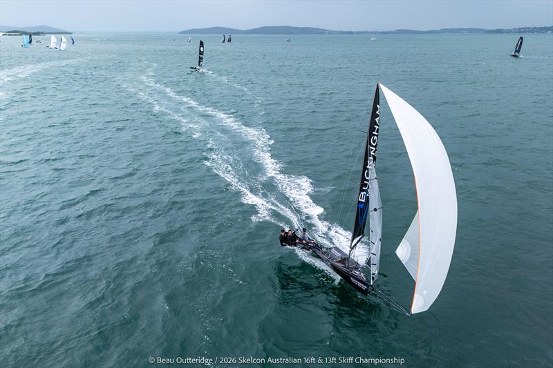Full flight for Buckingham Marine Services photo copyright Beau Outteridge taken at Belmont 16ft Sailing Club and featuring the 16ft Skiff class