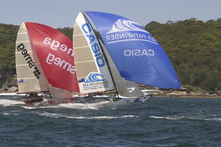 Casio & Omega SMEG during the first heat of the 2004 JJ Giltinan Trophy photo copyright Bodyworx Agency taken at  and featuring the 18ft Skiff class
