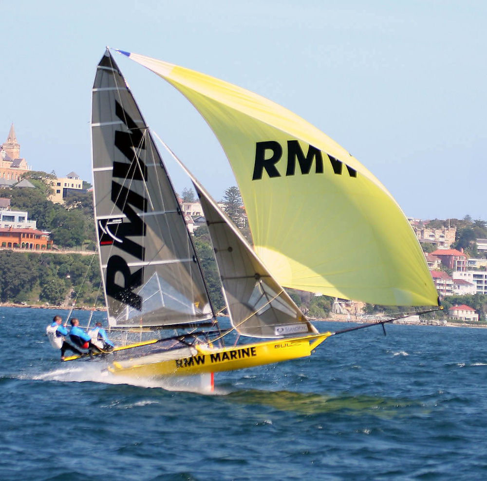 Rob Greenhalgh, Dan Johnson & Peter Greenhalgh on RMW Marine win the Invitational Race before the Ssangyong JJ Giltinan Championship for 18ft skiffs photo copyright Frank Quealey & Allan Barron taken at Sydney Flying Squadron and featuring the 18ft Skiff class