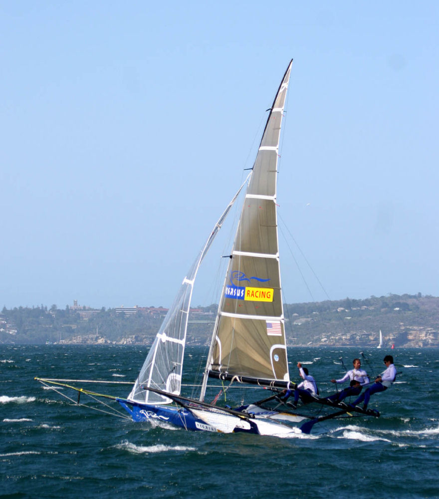 Shark Kahn on Pegasus Racing in the Invitational Race before the Ssangyong JJ Giltinan Championship for 18ft skiffs photo copyright Frank Quealey & Allan Barron taken at Sydney Flying Squadron and featuring the 18ft Skiff class