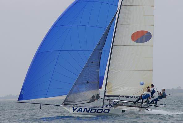 John 'Woody' Winning and crew on Ssanyong Yandoo during the International Skiff Regatta at Sail Melbourne photo copyright Teri Dodds / Sport the Library taken at  and featuring the 18ft Skiff class