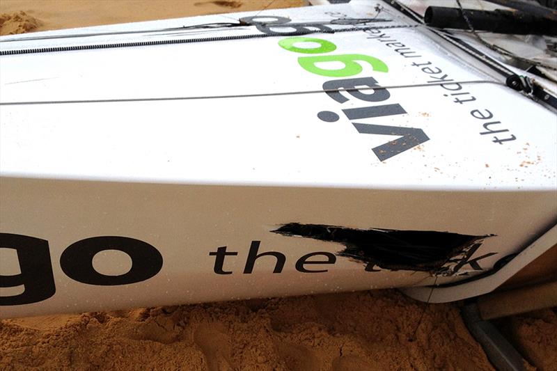 Viagogo's holed hull after Sydney City Marine hit them during the 3-Buoys Challenge Series race 5 start - photo © Frank Quealey