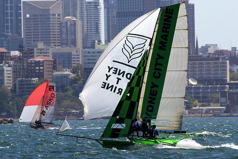 Sydney City Marine put out of contention with a torn spinnaker during race 4 of the 18ft Skiff Australian Championship - photo © Frank Quealey