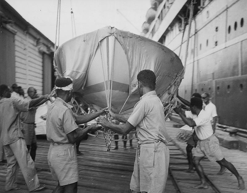 Unloading from the ship when Fiji hosted the 1952 JJ Giltianan 18 Footer Championship photo copyright 18ft Skiff Class taken at Royal Suva Yacht Club and featuring the 18ft Skiff class