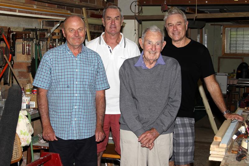 Les Kulmar with the 1976 world champion crew (l-r) Paul Ziems, Paul Kulmar and Stephen Kulmar in the family garage - photo © Frank Quealey