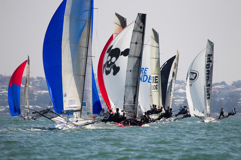 2015 18ft Skiff Australian Championship day 1 photo copyright Andrew Gough taken at Brisbane 18 Footers Sailing Club and featuring the 18ft Skiff class