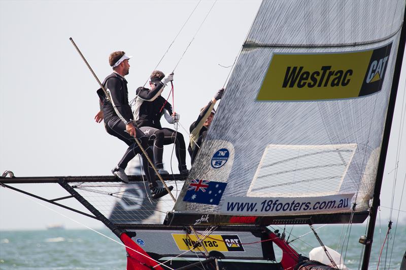 2015 18ft Skiff Australian Championship day 1 photo copyright Andrew Gough taken at Brisbane 18 Footers Sailing Club and featuring the 18ft Skiff class