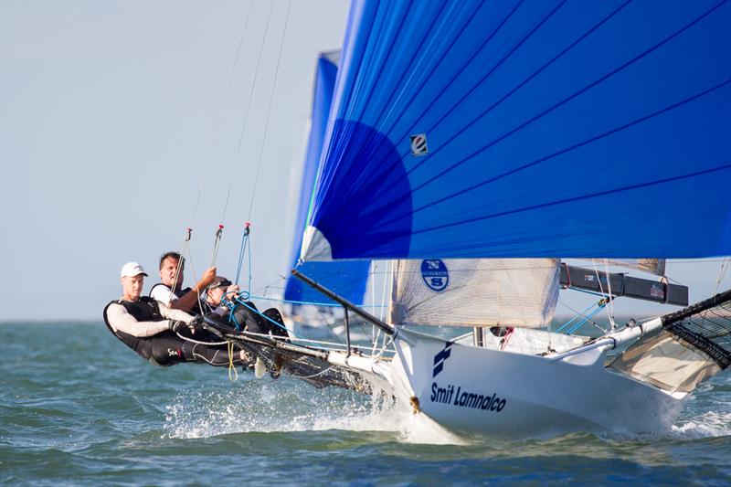 2015 18ft Skiff Australian Championship day 1 photo copyright Andrew Gough taken at Brisbane 18 Footers Sailing Club and featuring the 18ft Skiff class