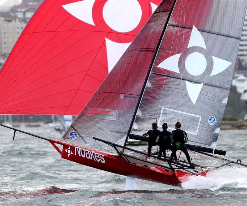 Sean Langman and his Noakesailing team airborne to the Clarke Island mark during the 18ft Skiff Alf Beashel Memorial Trophy - photo © Frank Quealey