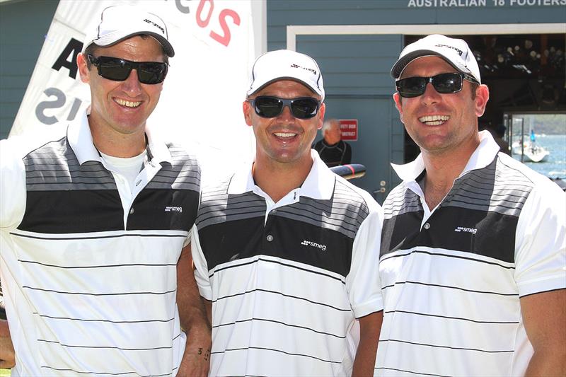 Australian 18ft Skiff champions Smeg team (left to right) Mike McKensey, Lee Knapton, Ricky Bridge photo copyright Frank Quealey taken at Australian 18 Footers League and featuring the 18ft Skiff class