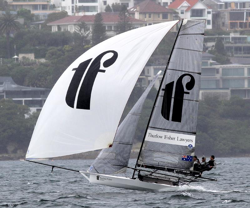 Thurlow Fisher's crew comfortable in a strong southerly photo copyright Frank Quealey taken at Australian 18 Footers League and featuring the 18ft Skiff class