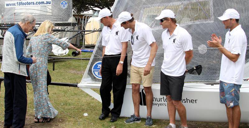 Christening of the new Thurlow Fisher Lawyers 18ft skiff hull early in the season photo copyright Frank Quealey taken at Australian 18 Footers League and featuring the 18ft Skiff class