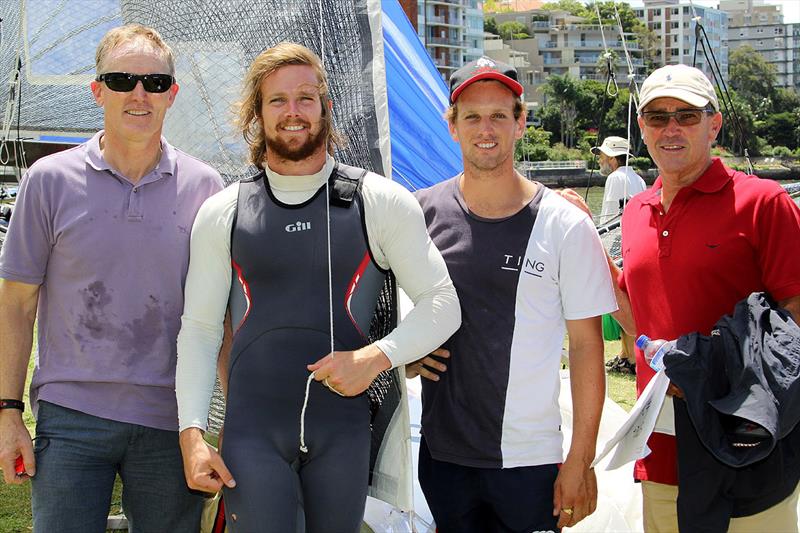 Fathers and sons. Former 18 Footer champions Kevin Nixon and Warwick Rooklyn with their sons Daniel and Ash - photo © Frank Quealey