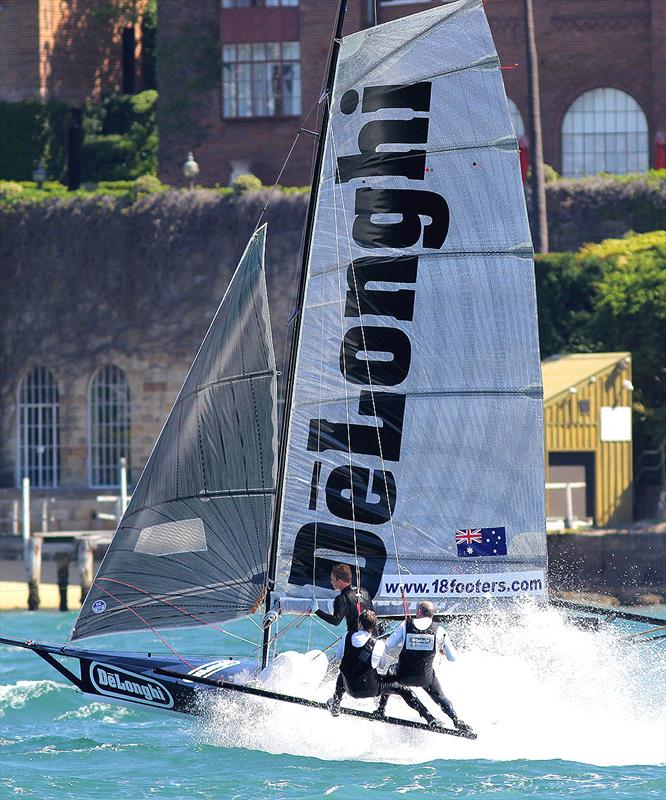 The De'Longhi skiff takes off in last Sunday 30-knot NE Wind photo copyright Frank Quealey taken at Australian 18 Footers League and featuring the 18ft Skiff class