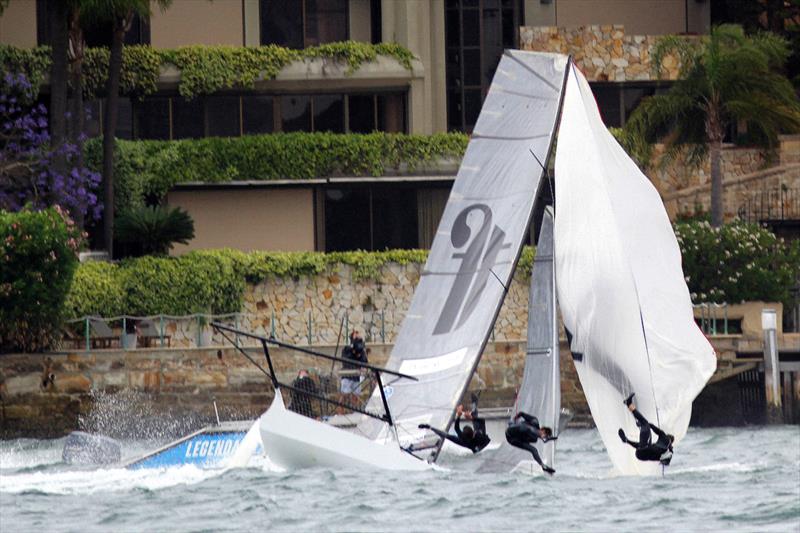 The wild capsize that cost Thurlow Fisher Lawyers the win in race 1 of the NSW Championship photo copyright Frank Quealey taken at Australian 18 Footers League and featuring the 18ft Skiff class