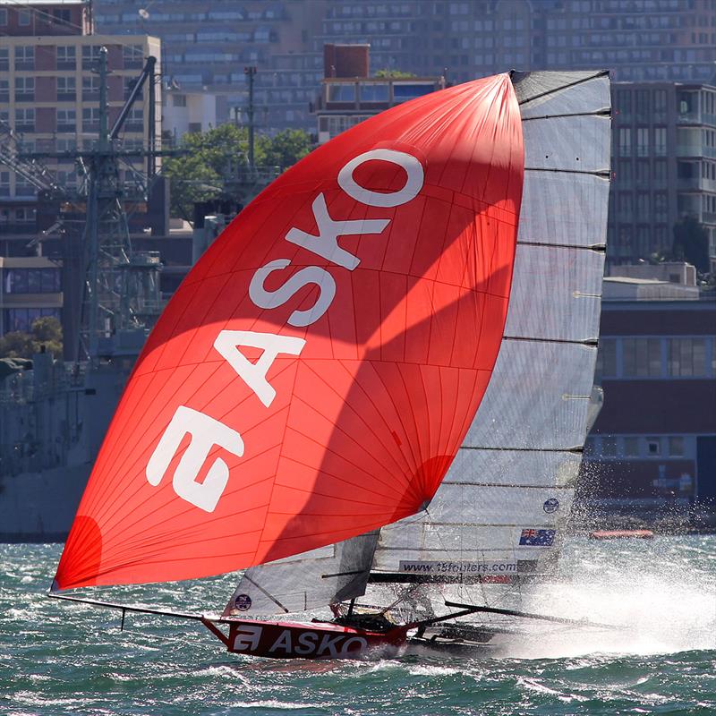 Asko Appliances races towards the finish line to grab second place in race 3 of the 18ft Skiff NSW Championship photo copyright Frank Quealey taken at Australian 18 Footers League and featuring the 18ft Skiff class