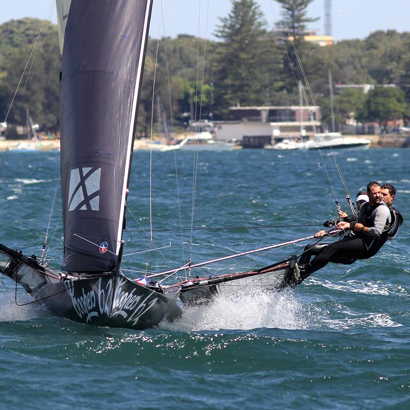 The winning Coopers 62-Rag and Famish Hotel crew make it look easy during race 3 of the 18ft Skiff NSW Championship - photo © Frank Quealey