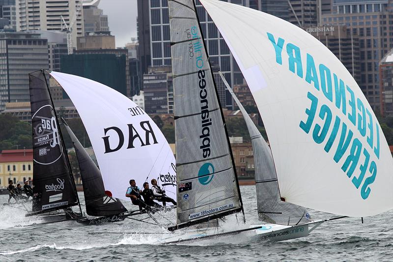 Spectacular battle between Coopers 62-Rag and Famish and Appliancesonline during 18ft Skiff 2017 JJ Giltinan Championship race 6 photo copyright Frank Quealey taken at Australian 18 Footers League and featuring the 18ft Skiff class