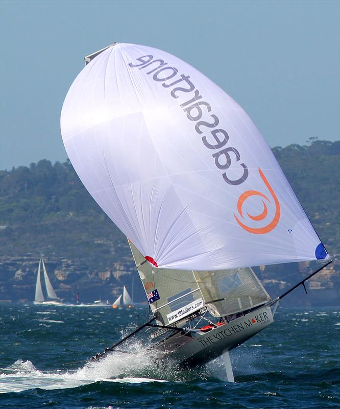 The Kitchen Maker rides the waves on the run to the finish in the 18ft Skiff Queen of the Harbour photo copyright Frank Quealey taken at Australian 18 Footers League and featuring the 18ft Skiff class