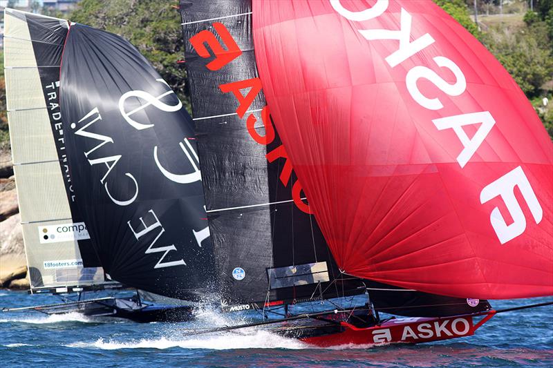 Asko Appliances and Finport Trade Finance staged a wonderful battle for the lead on the first spinnaker run during race 2 of the 18ft Skiff NSW Championship photo copyright Frank Quealey taken at Australian 18 Footers League and featuring the 18ft Skiff class