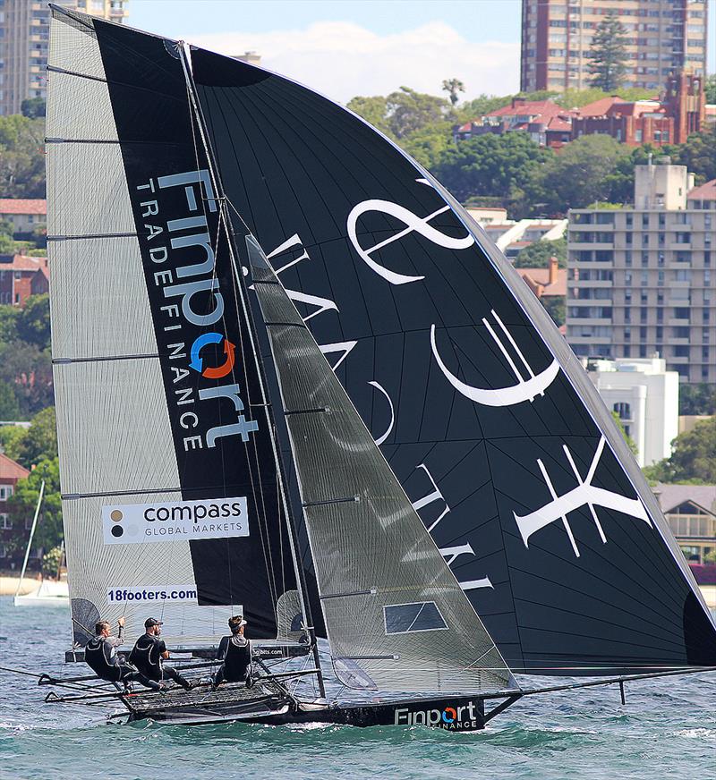 Finport Trade Finance finished second after a near capsize cost the team the lead to Smeg during race 2 of the 18ft Skiff NSW Championship photo copyright Frank Quealey taken at Australian 18 Footers League and featuring the 18ft Skiff class