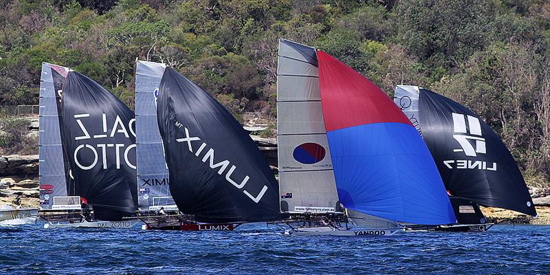 Group racing on the spinnaker run to the wing mark in Rose Bay during race 2 of the 18ft Skiff NSW Championship photo copyright Frank Quealey taken at Australian 18 Footers League and featuring the 18ft Skiff class