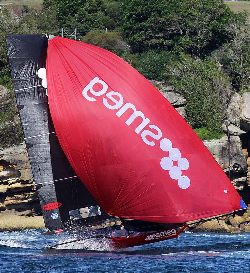 Smeg shows her pace on the final run to the wing mark in Rose Bay during race 2 of the 18ft Skiff NSW Championship - photo © Frank Quealey