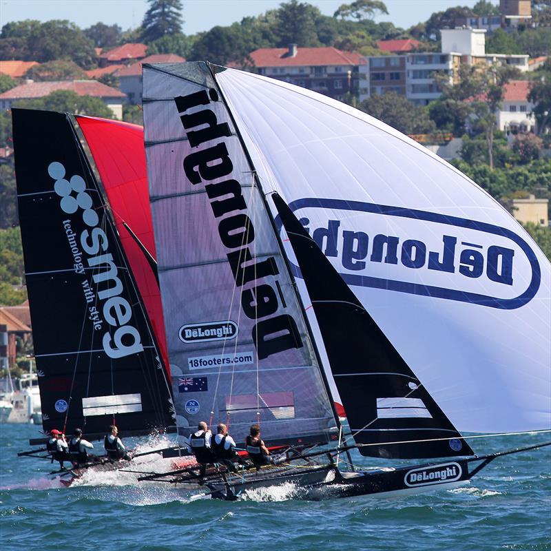 De'Longhi and defending champion Smeg on the spinnaker run to the bottom mark during Race 3 of the 18ft Skiff NSW Championship - photo © Frank Quealey