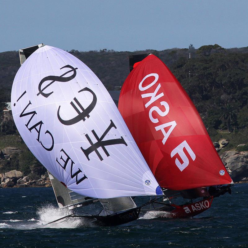 Finport Trade Finance and Asko Appliances neck and neck on the run to the finish during Race 3 of the 18ft Skiff NSW Championship photo copyright Frank Quealey taken at Australian 18 Footers League and featuring the 18ft Skiff class