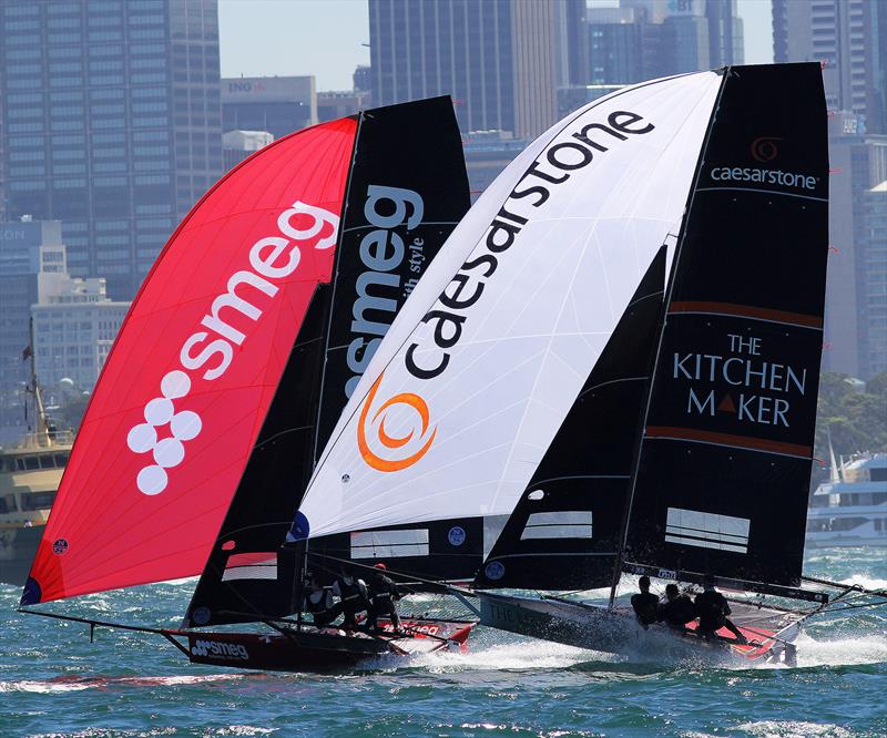 The Kitchen Maker and Smeg vying for the 18ft Skiff NSW Championship title photo copyright Frank Quealey taken at Australian 18 Footers League and featuring the 18ft Skiff class