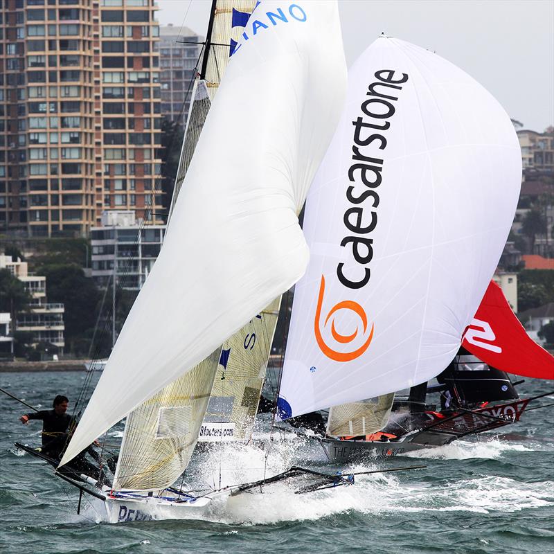 Action as the teams head for the bottom mark on day 3 of the 18ft Skiff Australian Championship 2018 photo copyright Frank Quealey taken at Australian 18 Footers League and featuring the 18ft Skiff class