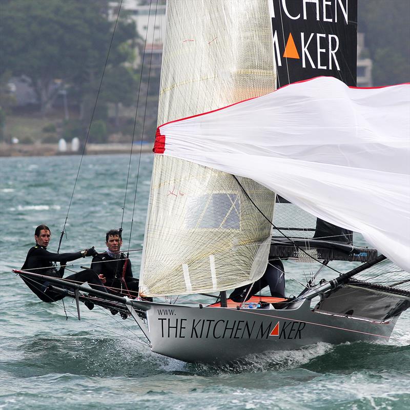 NSW champion The Kitchen Maker prepare for a bottom mark rounding on day 3 of the 18ft Skiff Australian Championship 2018 photo copyright Frank Quealey taken at Australian 18 Footers League and featuring the 18ft Skiff class