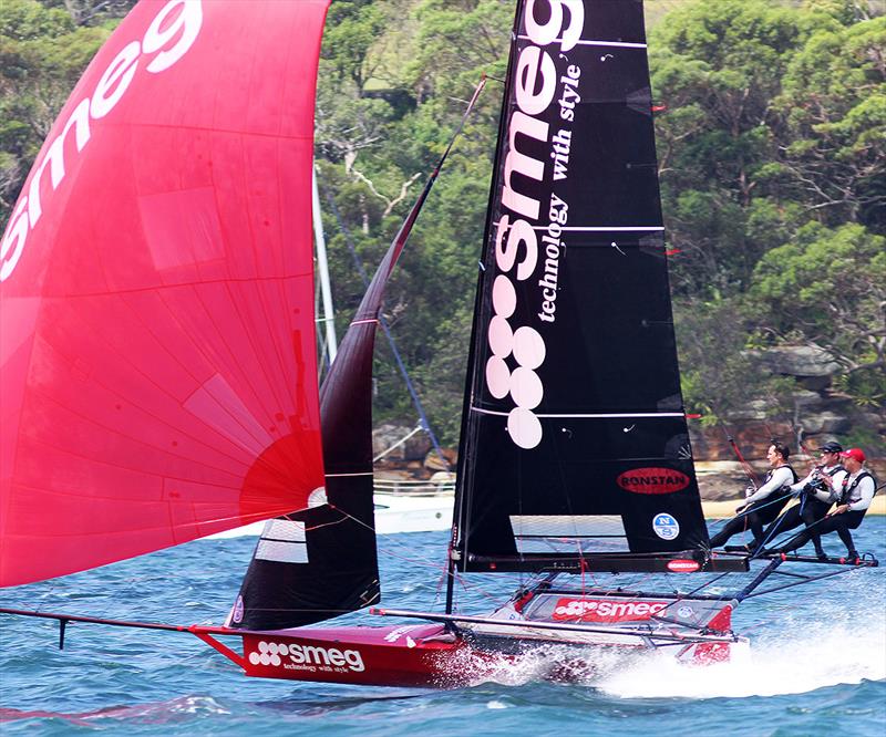 Smeg races to victory in Race 5 on day 3 of the 18ft Skiff Australian Championship 2018 photo copyright Frank Quealey taken at Australian 18 Footers League and featuring the 18ft Skiff class