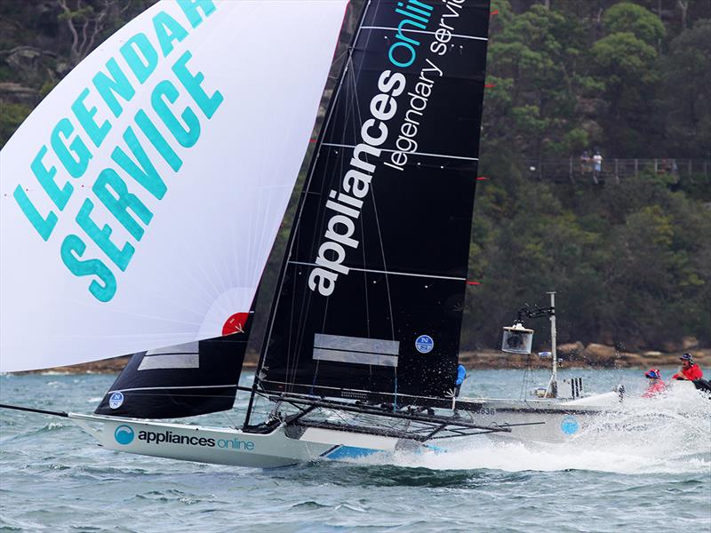 Appliancesonline with the video team in pursuit during the 18ft Skiff JJ Giltinan Championship Invitation Race photo copyright Frank Quealey taken at Australian 18 Footers League and featuring the 18ft Skiff class