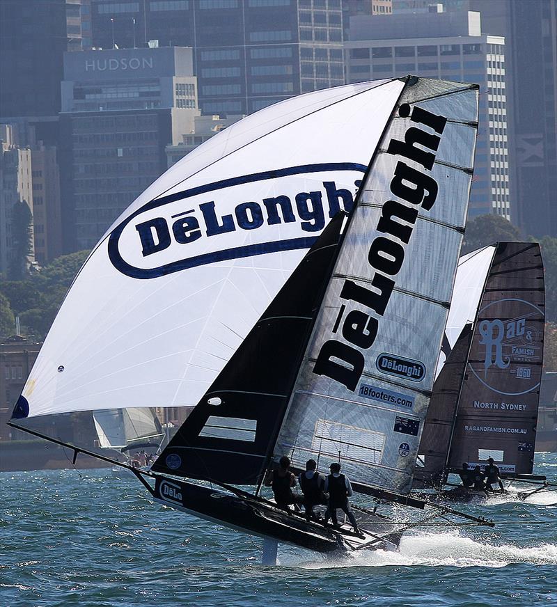 De'Longhi and Rag and Famish Hotel during 18ft Skiff JJ Giltinan Championship Race 1 photo copyright Frank Quealey taken at Australian 18 Footers League and featuring the 18ft Skiff class