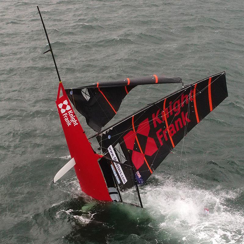 Knight Frank capsizes during 18ft Skiff JJ Giltinan Championship Race 2 photo copyright www.AeroMedia.com.au taken at Australian 18 Footers League and featuring the 18ft Skiff class