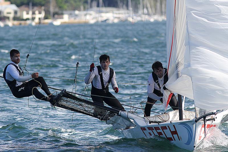 The C-Tech crew lower the spinnaker for a bottom mark rounding in  18ft Skiff JJ Giltinan Championship Race 6 photo copyright Frank Quealey taken at Australian 18 Footers League and featuring the 18ft Skiff class