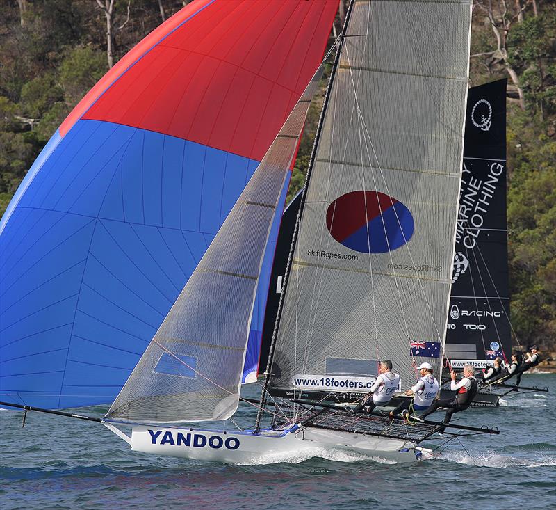 Yandoo and Quality Marine Clothing going to the bottom mark during  18ft Skiff JJ Giltinan Championship Race 7 photo copyright Frank Quealey taken at Australian 18 Footers League and featuring the 18ft Skiff class