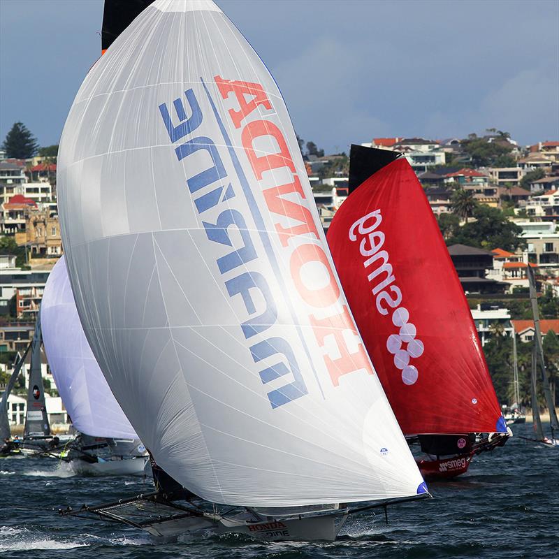Honda Marine leads Smeg down the Spinnaker run in 18ft Skiff JJ Giltinan Championship Race 7 photo copyright Frank Quealey taken at Australian 18 Footers League and featuring the 18ft Skiff class