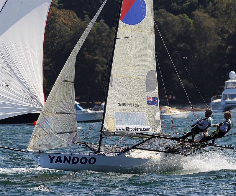 Yandoo flashes home into third place during the 18ft Skiff Queen of the Harbour photo copyright Frank Quealey taken at Australian 18 Footers League and featuring the 18ft Skiff class