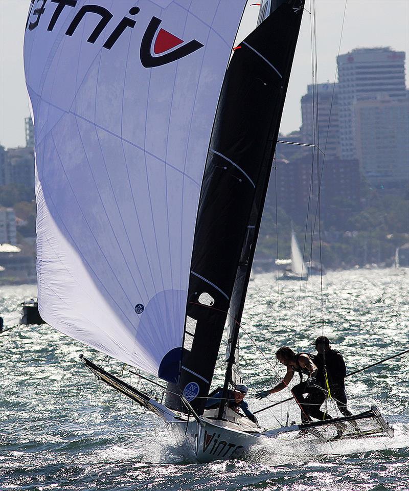 Vintec crew prepare to gybe during the 18ft Skiff Queen of the Harbour photo copyright Frank Quealey taken at Australian 18 Footers League and featuring the 18ft Skiff class