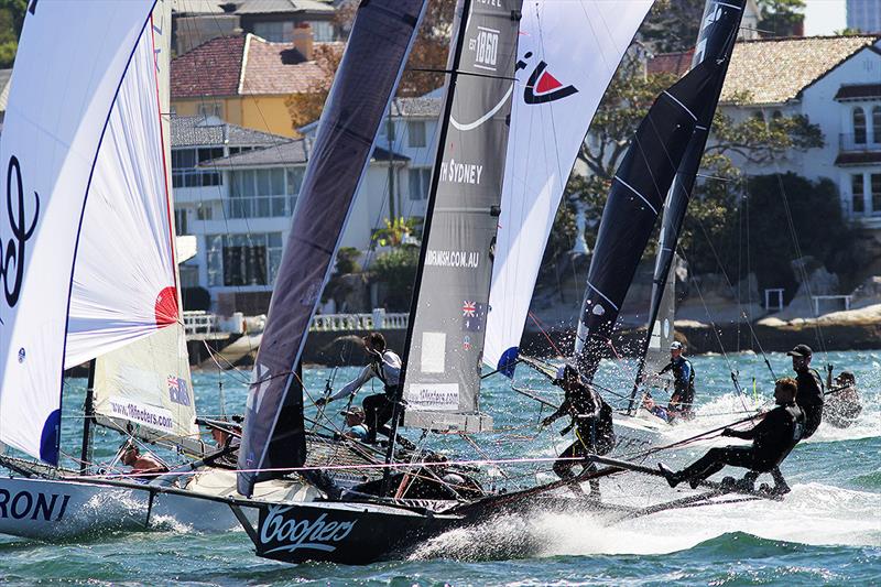 Action as the fleet prepare for the spinnaker drop at the bottom mark during the 18ft Skiff Queen of the Harbour - photo © Frank Quealey