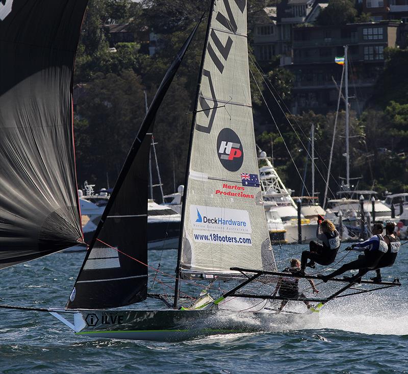 Ilve on the way to finish fourth as 'queen' Claire Kowaltzke grips the wing netting during the 18ft Skiff Queen of the Harbour - photo © Frank Quealey