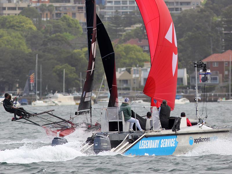 The video team catches all the action as Noakesailing crosses the finishing line to win 18ft Spring Championship Race 1 photo copyright Frank Quealey taken at Australian 18 Footers League and featuring the 18ft Skiff class