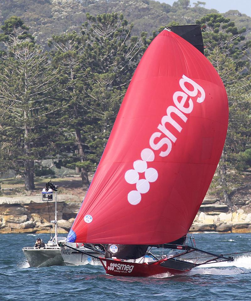 Smeg runs to the finish line with the video team's camera cat catching all the action during 18ft Skiff Spring Championship Race 4 photo copyright Frank Quealey taken at Australian 18 Footers League and featuring the 18ft Skiff class