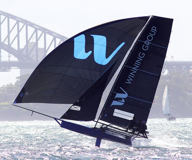 Winning Group airborne as the team approaches the bottom mark on the second lap of the course during 18ft Skiff NSW Championship race 3 - photo © Frank Quealey