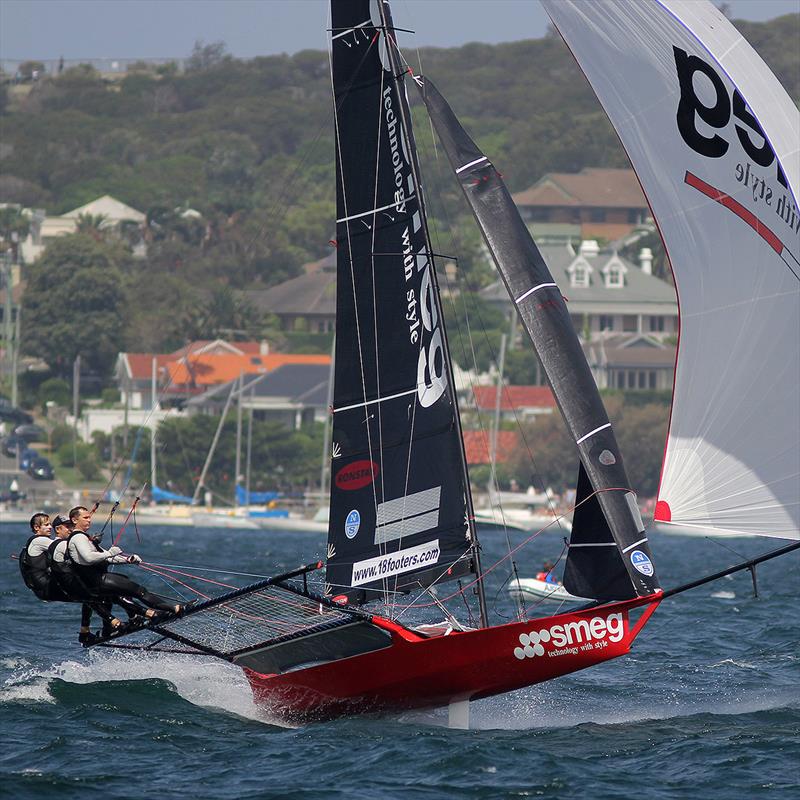 Smeg grabbed an early lead as the fleet headed to the wimg mark at Rose Bay during 18ft Skiff NSW Championship race 4 photo copyright Frank Quealey taken at Australian 18 Footers League and featuring the 18ft Skiff class