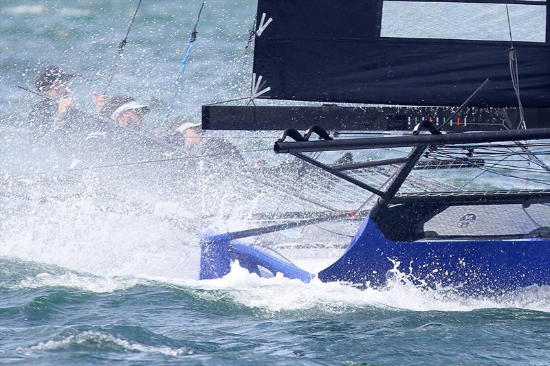 Winning Group's crew drive the skiff hard on the windward leg to the Beashel Buoy during 18ft Skiff NSW Championship race 4 - photo © Frank Quealey